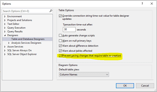 save changes is not permitted sql server 